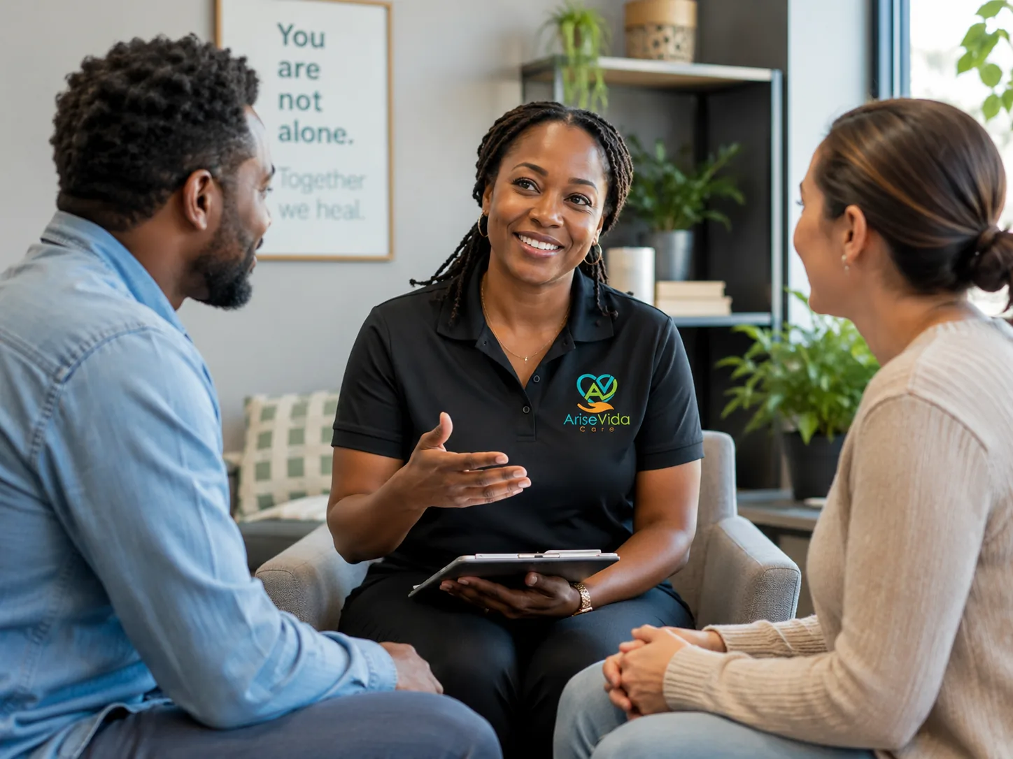 A warm, supportive conversation in a calm living-room setting, with 'You are not alone' artwork on the wall.