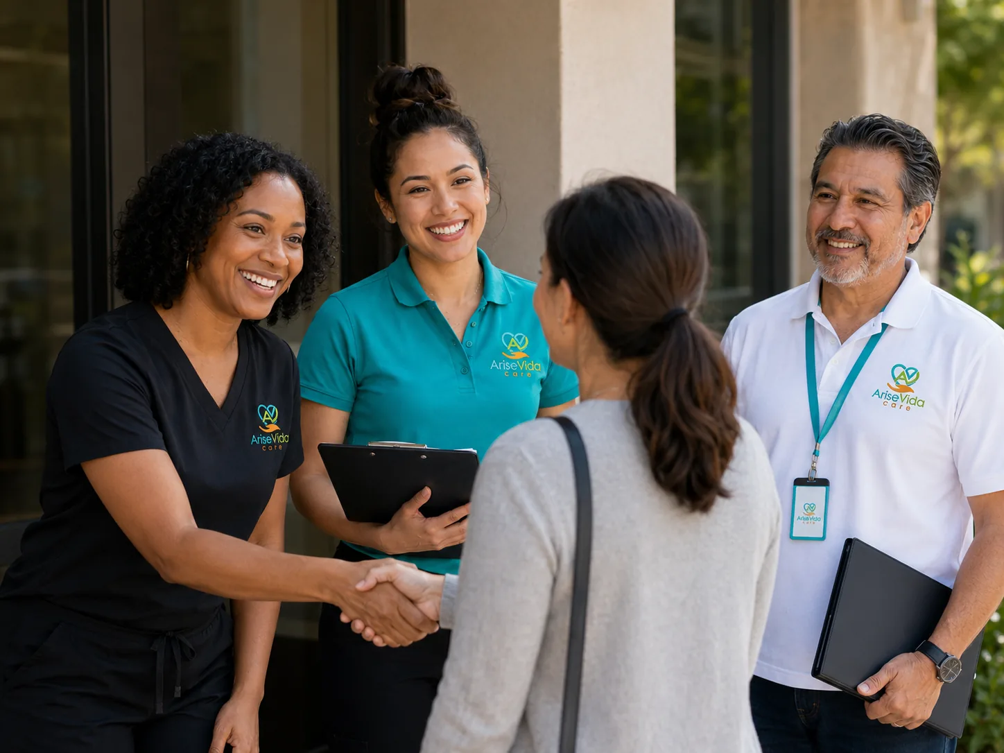 AriseVida Care team members greeting a patient outside on arrival.