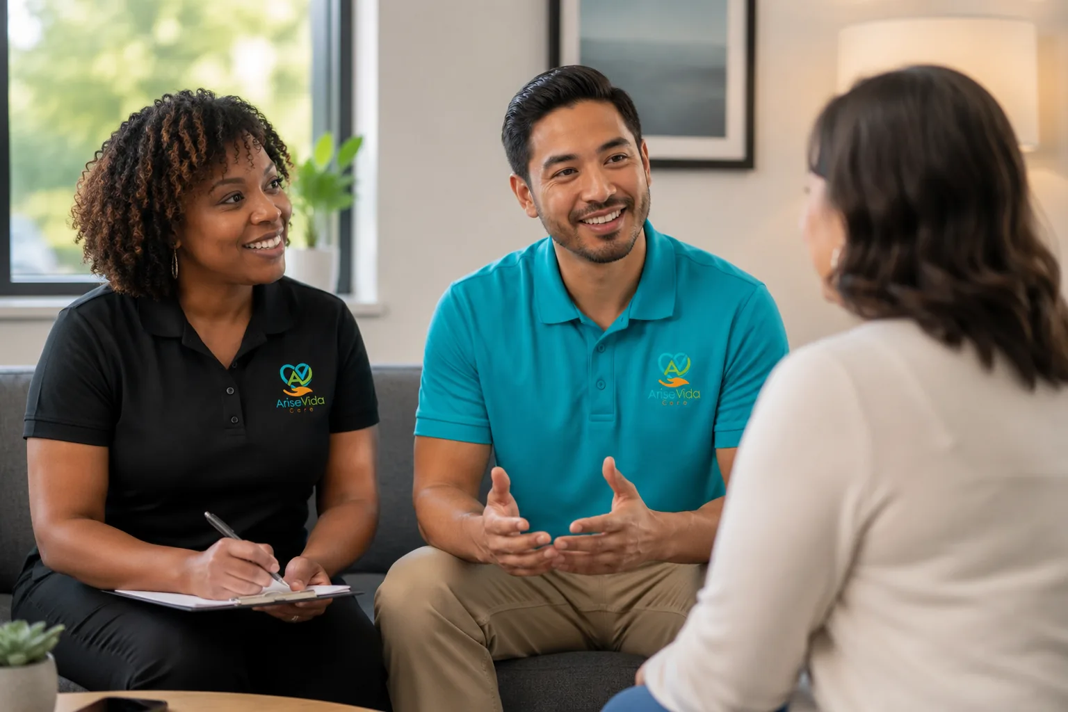 Two AriseVida Care advisors speaking with a patient in a welcoming, private setting.