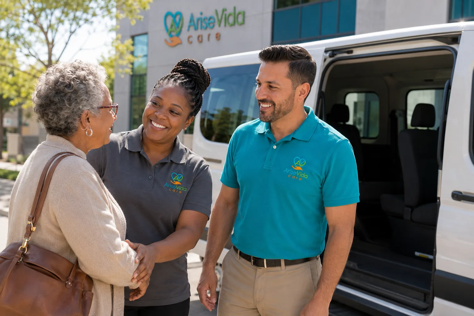 AriseVida Care team members warmly welcoming a patient beside the AriseVida transport van.