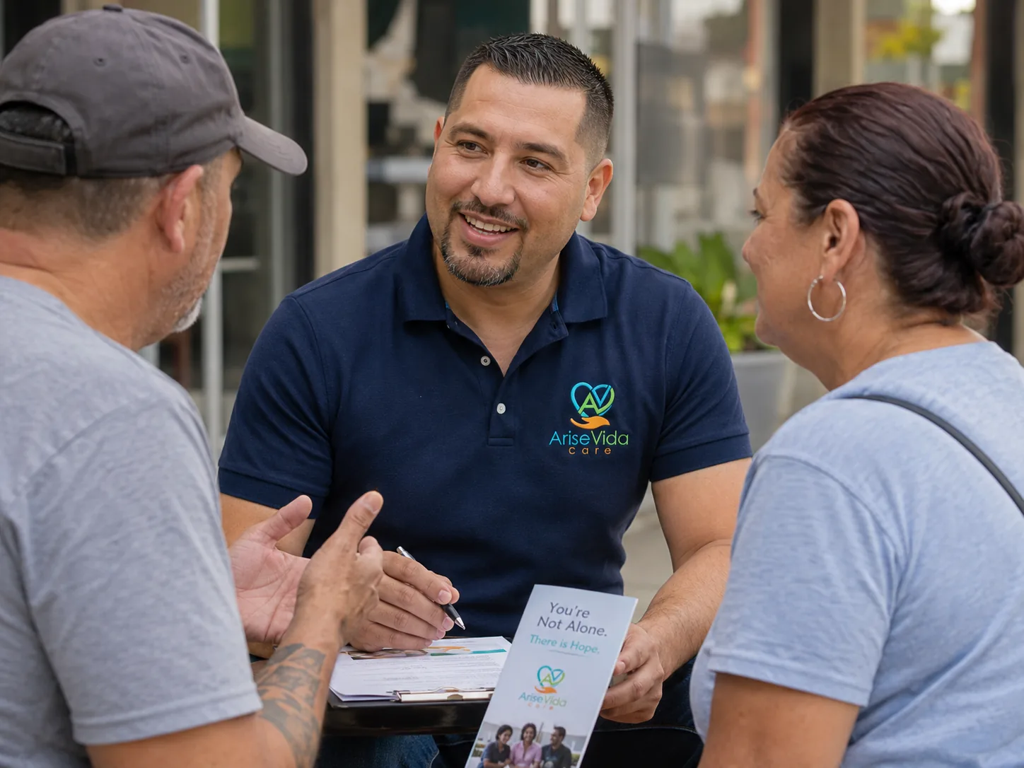 An AriseVida Care team member meeting with two adults outdoors, keeping them connected to recovery services.