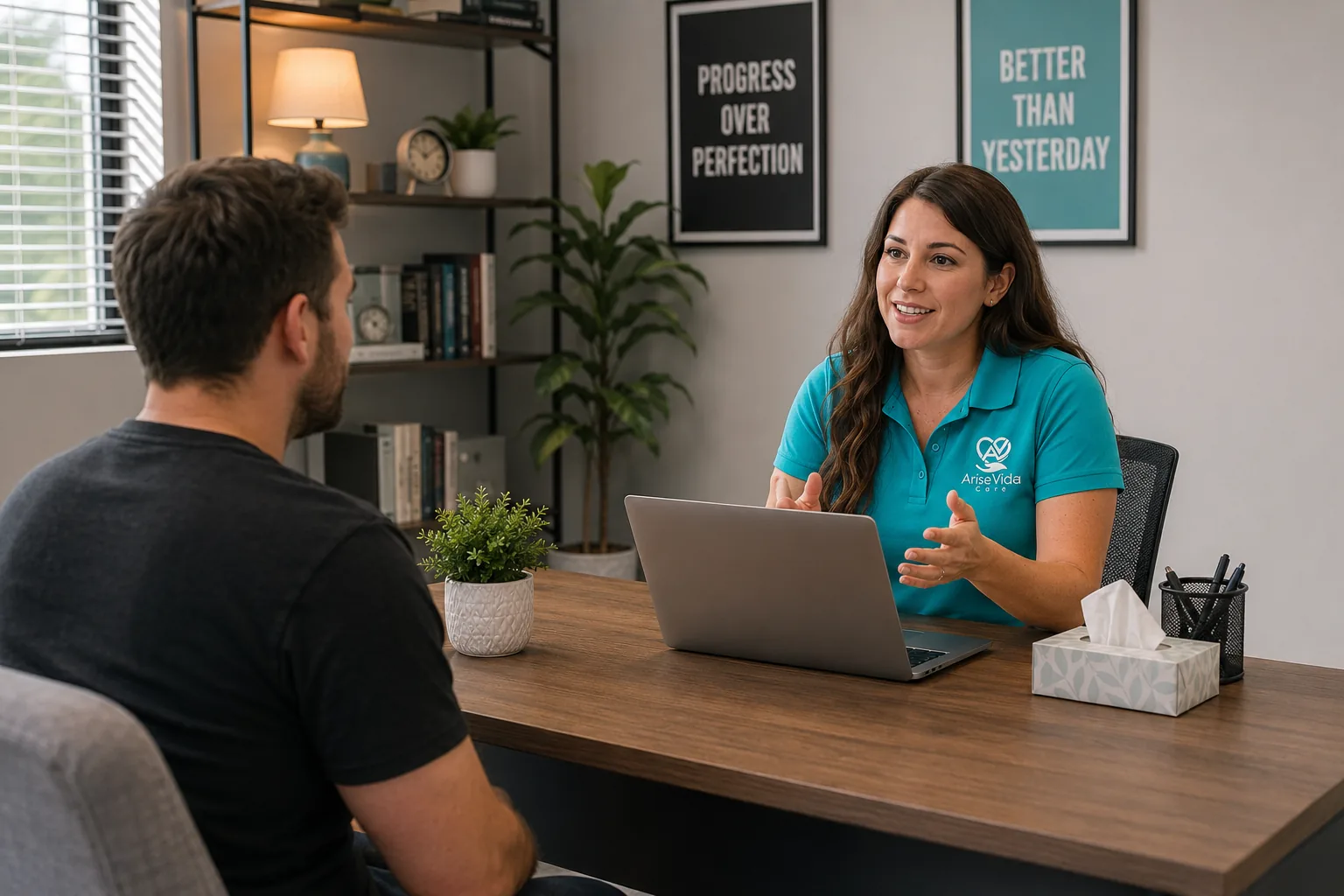 AriseVida Care clinician supporting an adult patient during alcohol addiction recovery planning