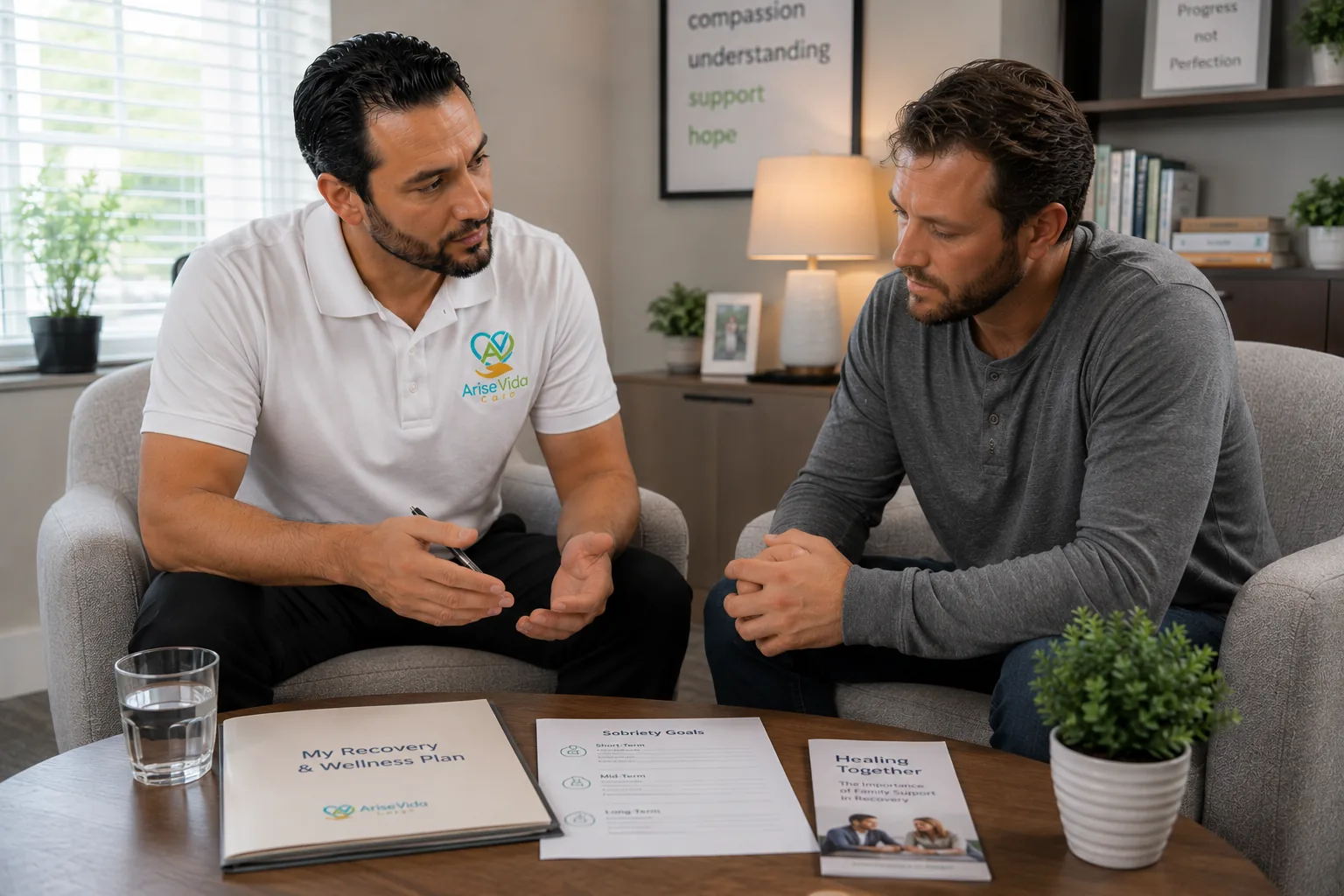 AriseVida Care clinician supporting an adult patient with alcohol addiction recovery planning