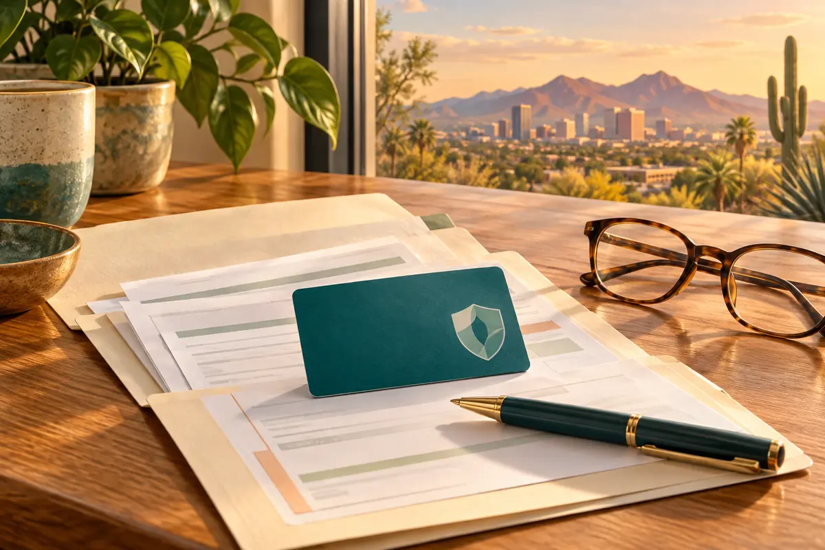 Illustration of an insurance card and document folder on a sunlit desk.
