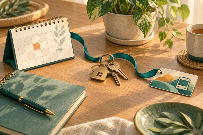 Illustration connecting a calendar, house key and travel pass to represent care coordination.