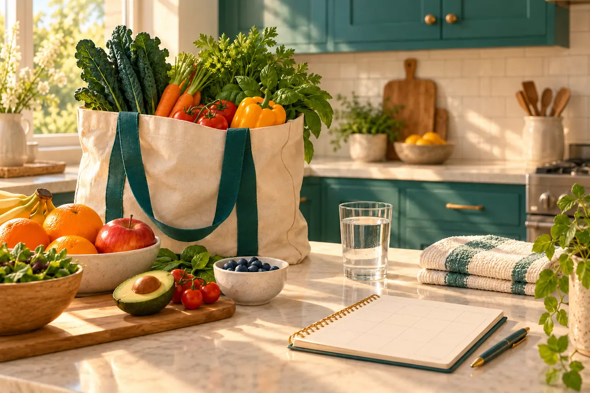 Illustration of groceries, a water glass and a weekly planner on a kitchen counter.
