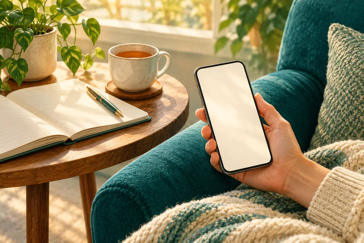 Illustration of a phone and notebook beside a comfortable chair.