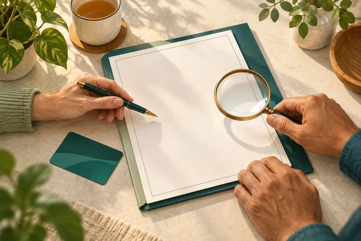 Illustration of hands reviewing insurance paperwork together.