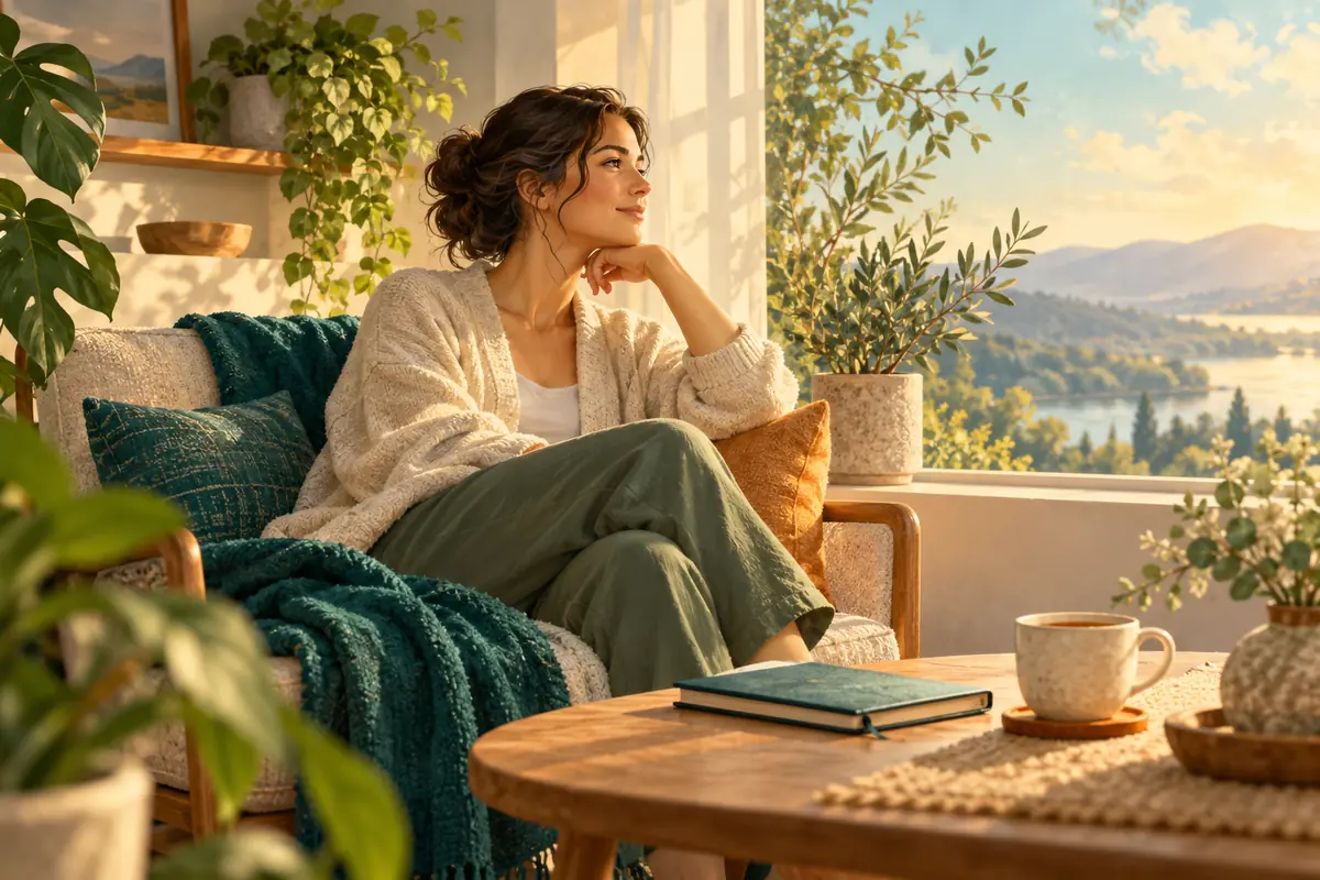 Illustration of an adult pausing beside a sunny window with a journal and tea.
