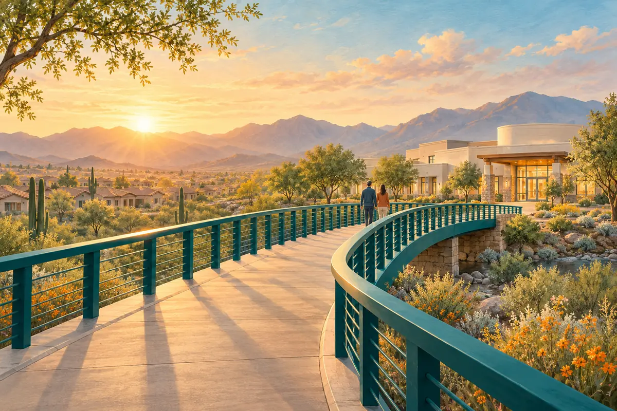 Illustration of a pedestrian bridge leading toward a welcoming care building.