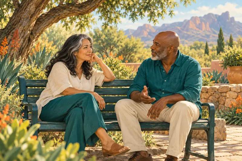 Illustration of two adults talking on a shaded garden bench.