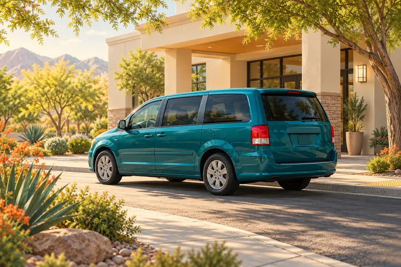 Illustration of a passenger van beside a shaded community-building entrance.