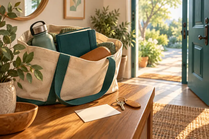 Illustration of a packed tote, notebook and appointment card near an open door.