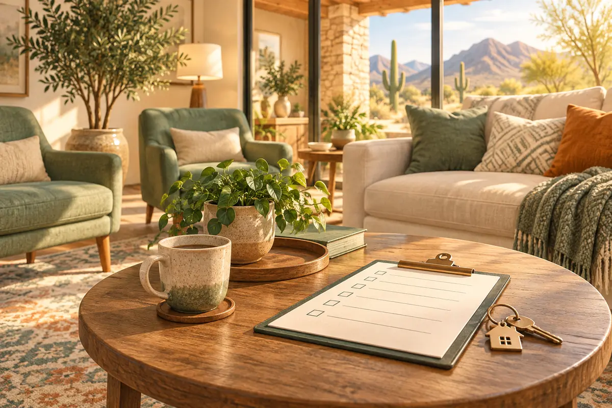 Illustration of a welcoming living room with a house key and checklist.