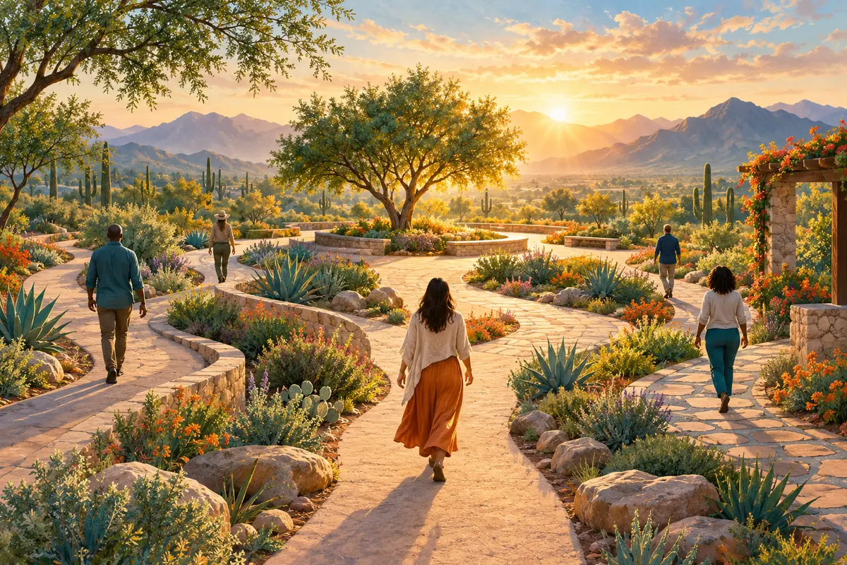 Illustration of several paths through a garden, with people walking at their own pace.