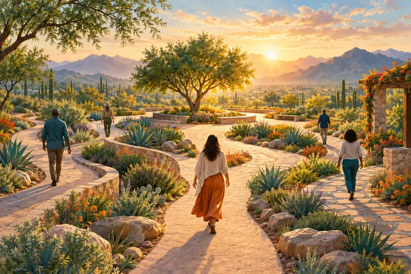 Illustration of several paths through a garden, with people walking at their own pace.