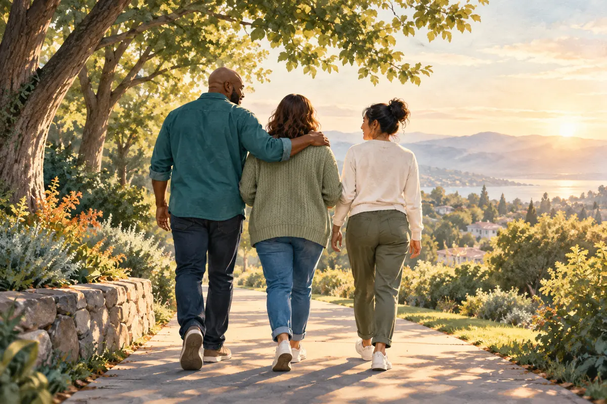 Illustration of three adults walking together along a shaded neighborhood path.