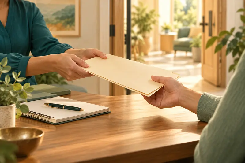 Illustration of a document folder being passed between two people.