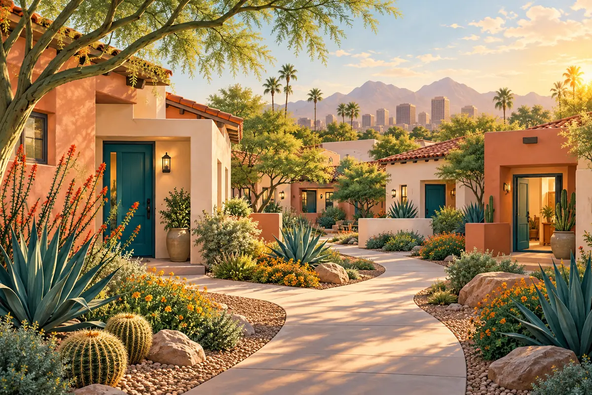 Illustration of sunlit Southwestern homes linked by a landscaped path.