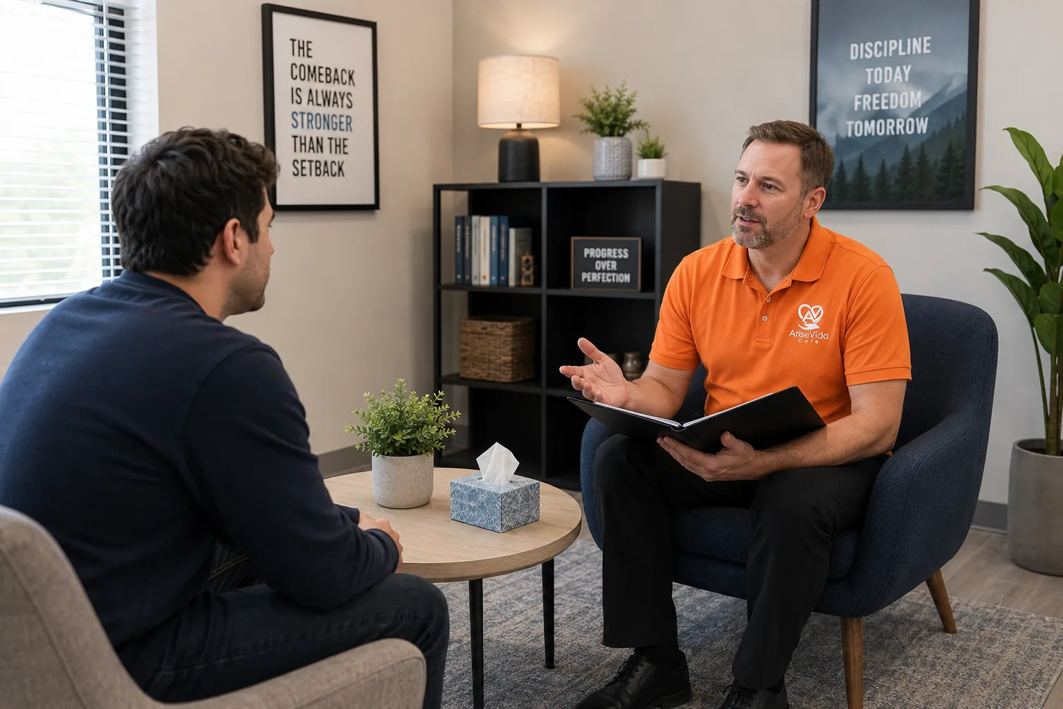 AriseVida Care clinician supporting an adult patient during cocaine addiction recovery planning