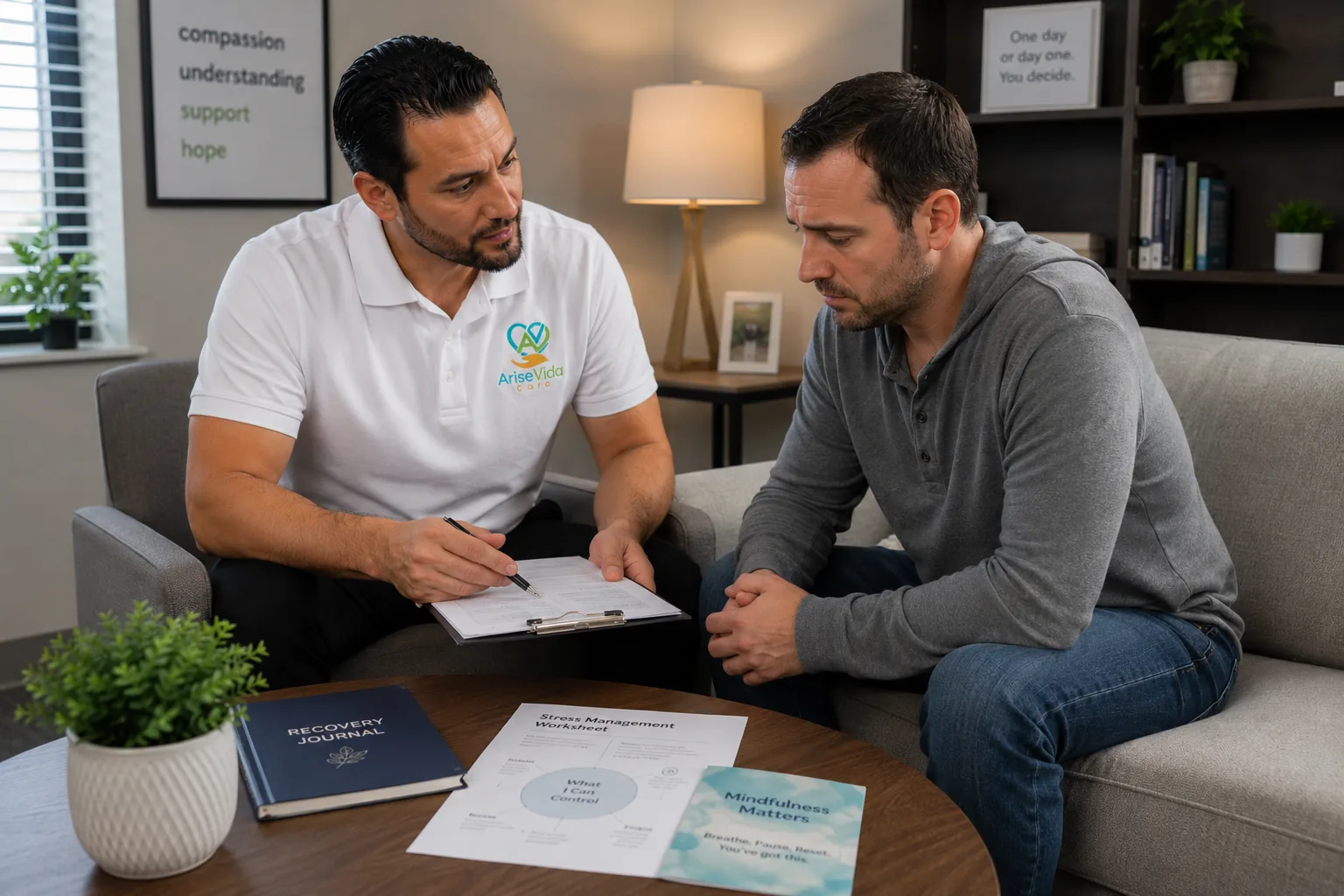 AriseVida Care clinician supporting an adult patient with cocaine addiction recovery planning
