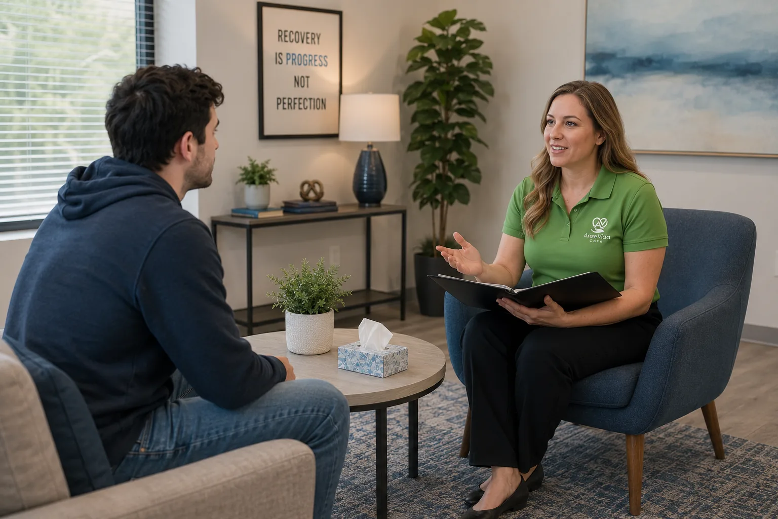 AriseVida Care clinician supporting an adult patient during fentanyl addiction recovery planning