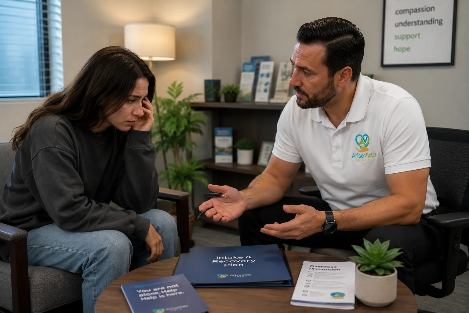AriseVida Care clinician supporting an adult patient with fentanyl addiction recovery planning