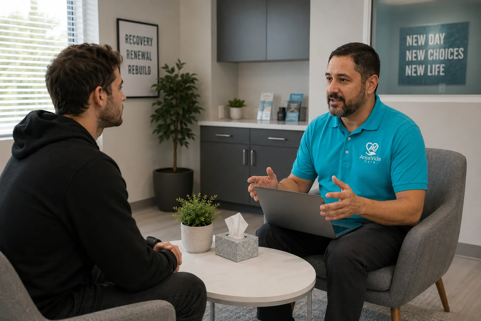 AriseVida Care clinician supporting an adult patient during heroin addiction recovery planning