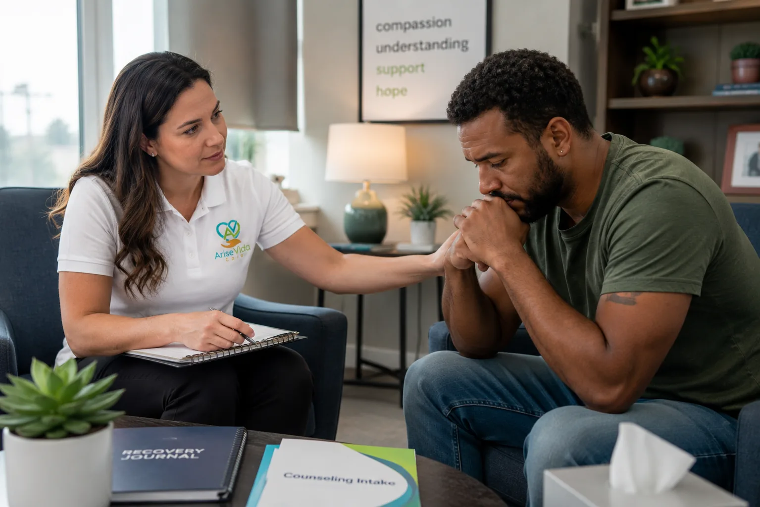 AriseVida Care clinician supporting an adult patient with heroin addiction recovery planning