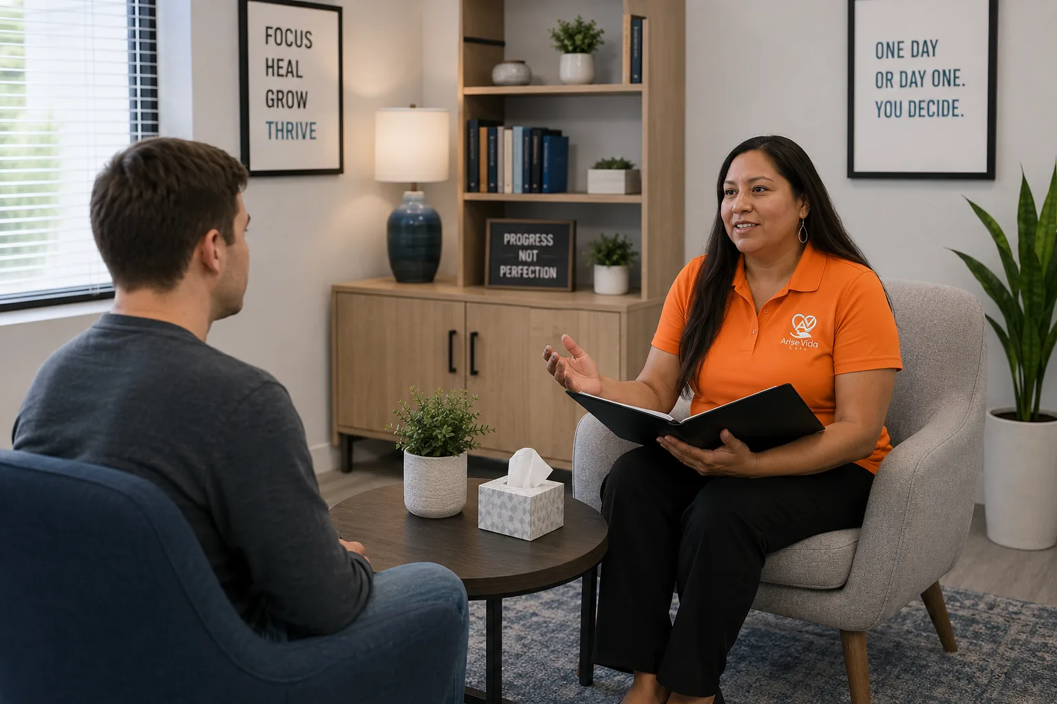 AriseVida Care clinician supporting an adult patient during marijuana addiction recovery planning