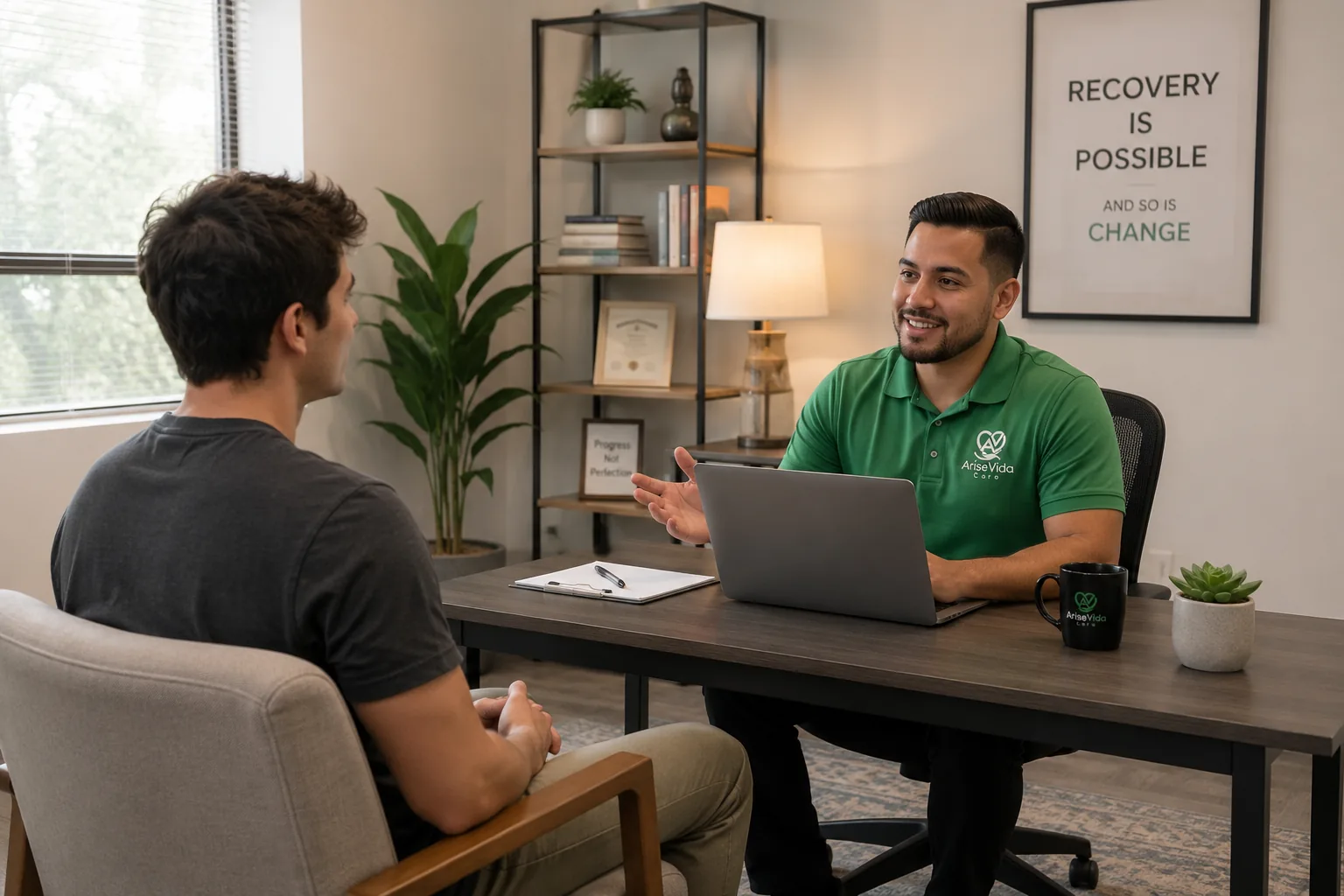AriseVida Care clinician supporting an adult patient during meth addiction recovery planning