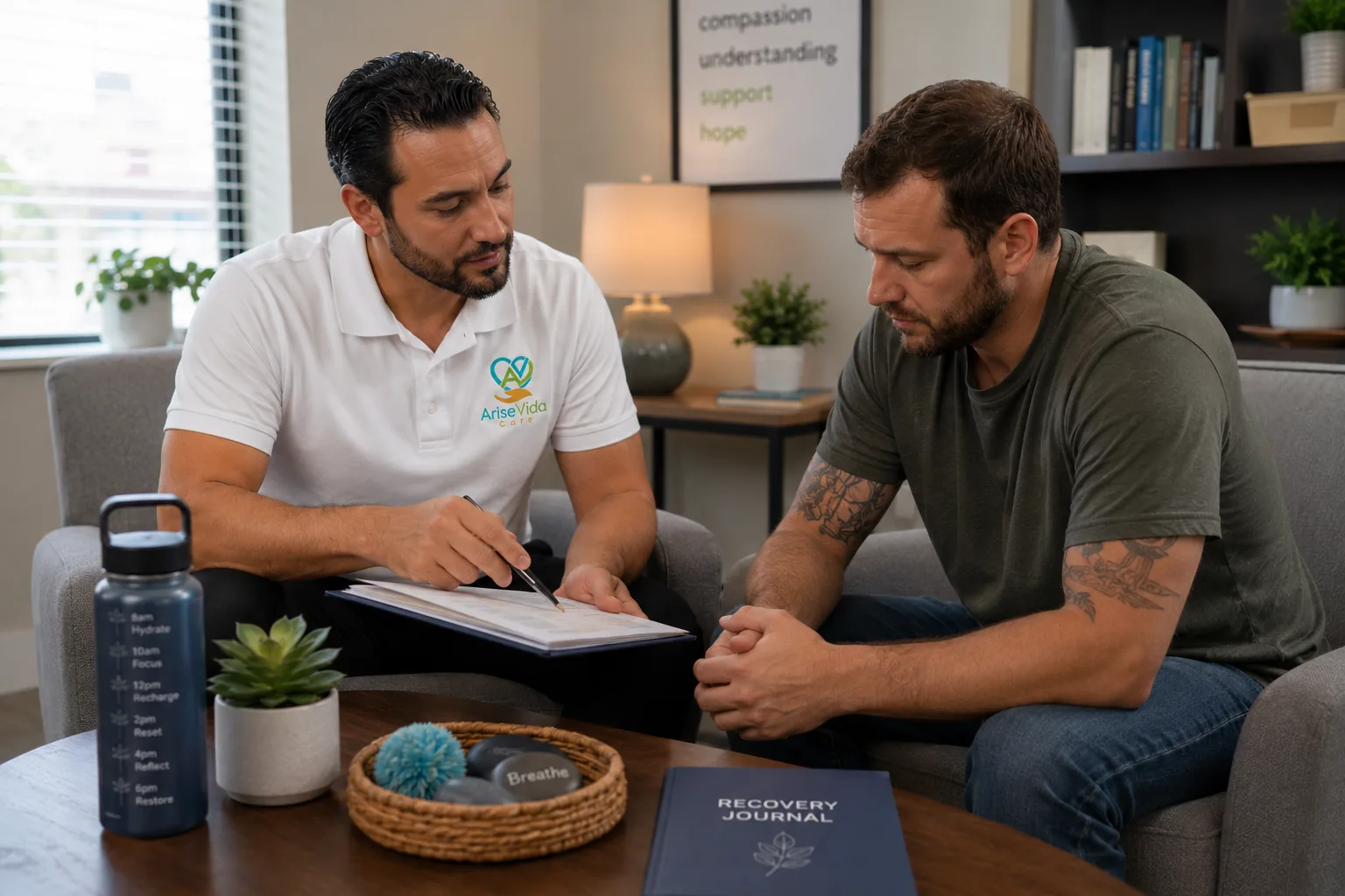 AriseVida Care clinician supporting an adult patient with meth addiction recovery planning