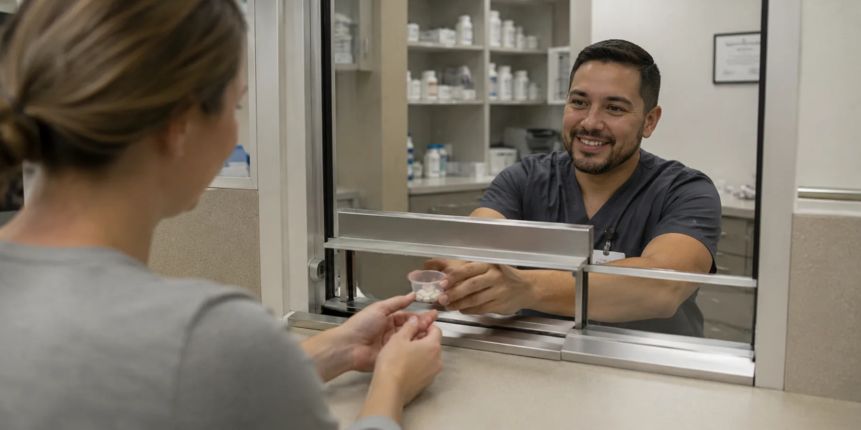 A clinician hands medication to a patient at the AriseVida Care medication-assisted treatment counter.