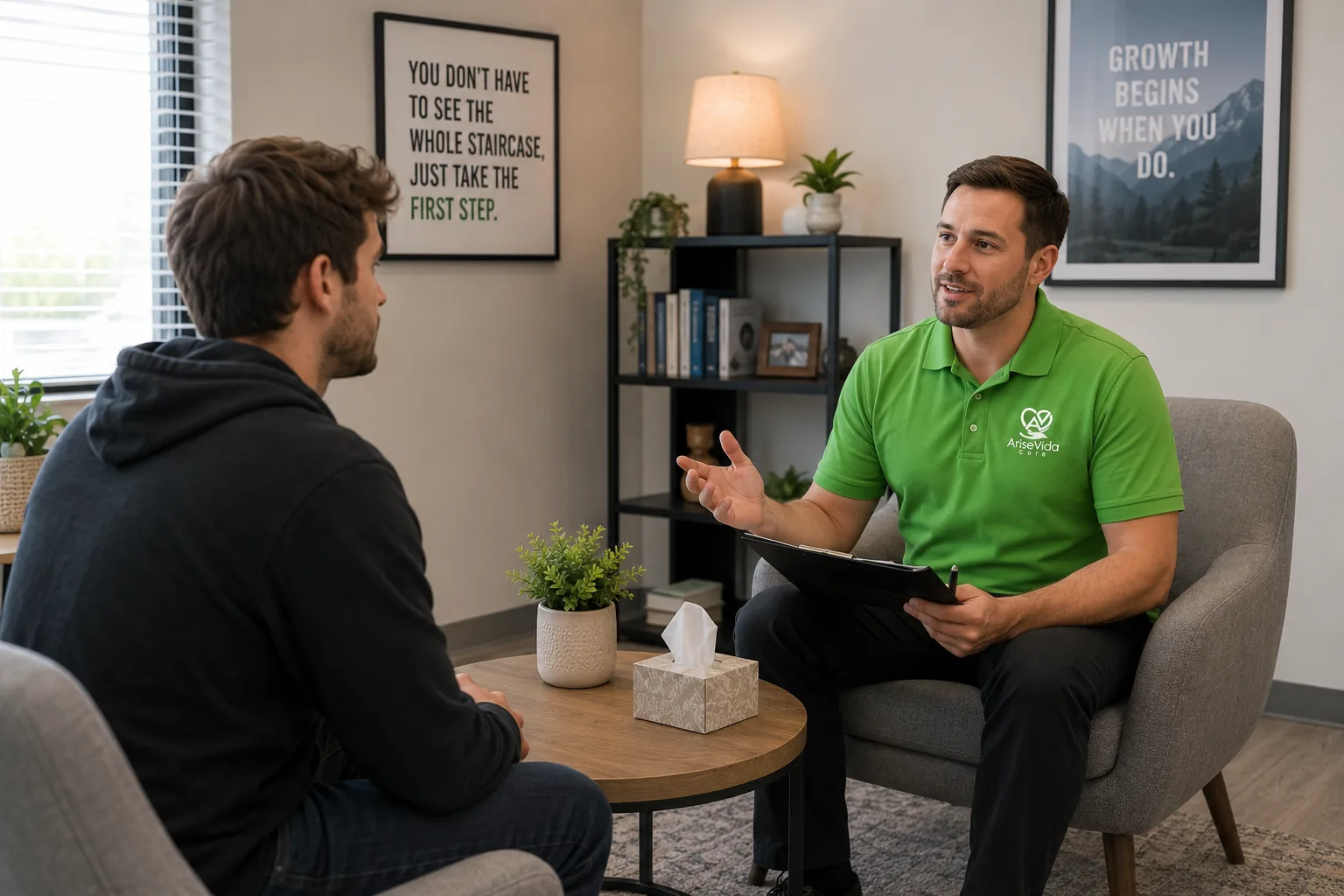 AriseVida Care clinician supporting an adult patient during opioid addiction recovery planning