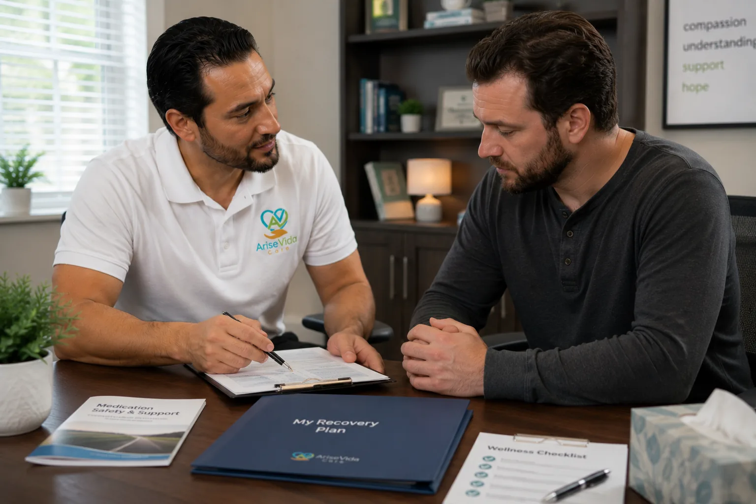 AriseVida Care clinician supporting an adult patient with oxycodone addiction recovery planning