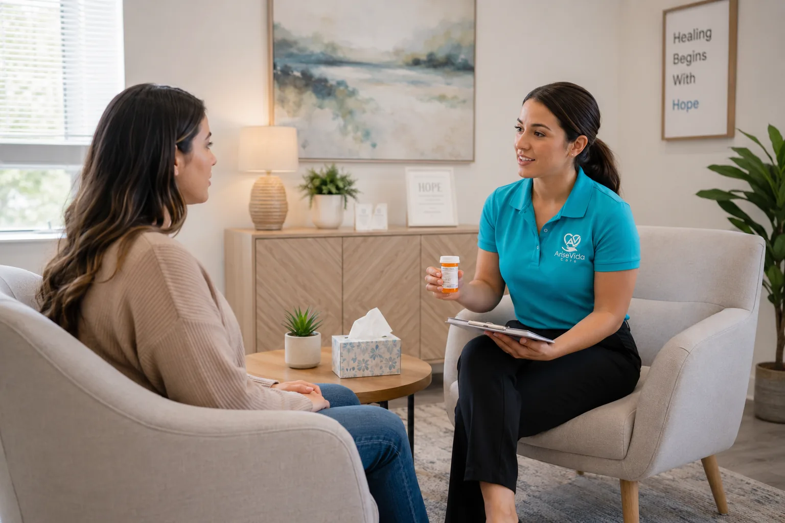 AriseVida Care clinician supporting an adult patient with prescription addiction recovery planning