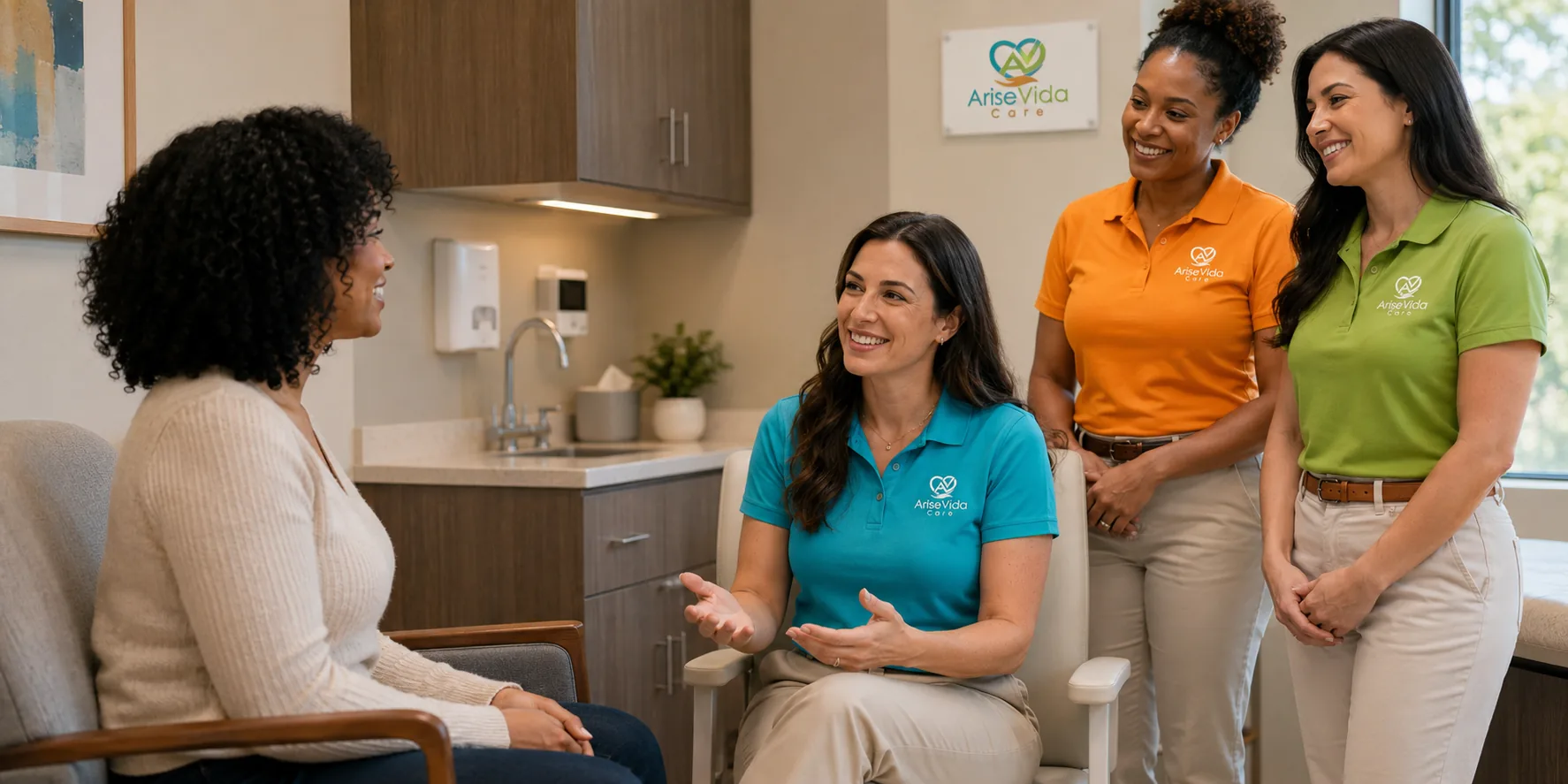 A clinician and patient in a calm psychiatric consultation at AriseVida Care.