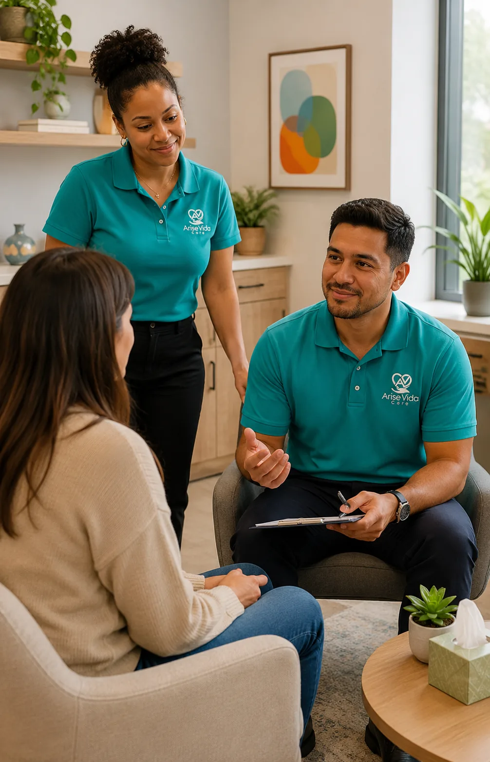 A patient speaking with AriseVida Care team members during a welcoming first visit.