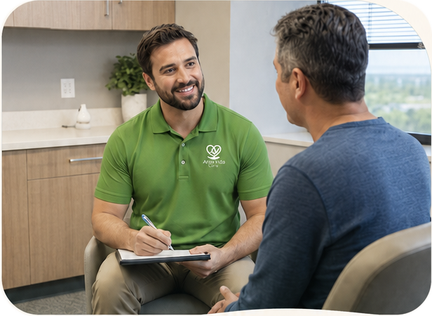 A psychiatric provider and patient meeting in a calm one-on-one consultation at AriseVida Care.