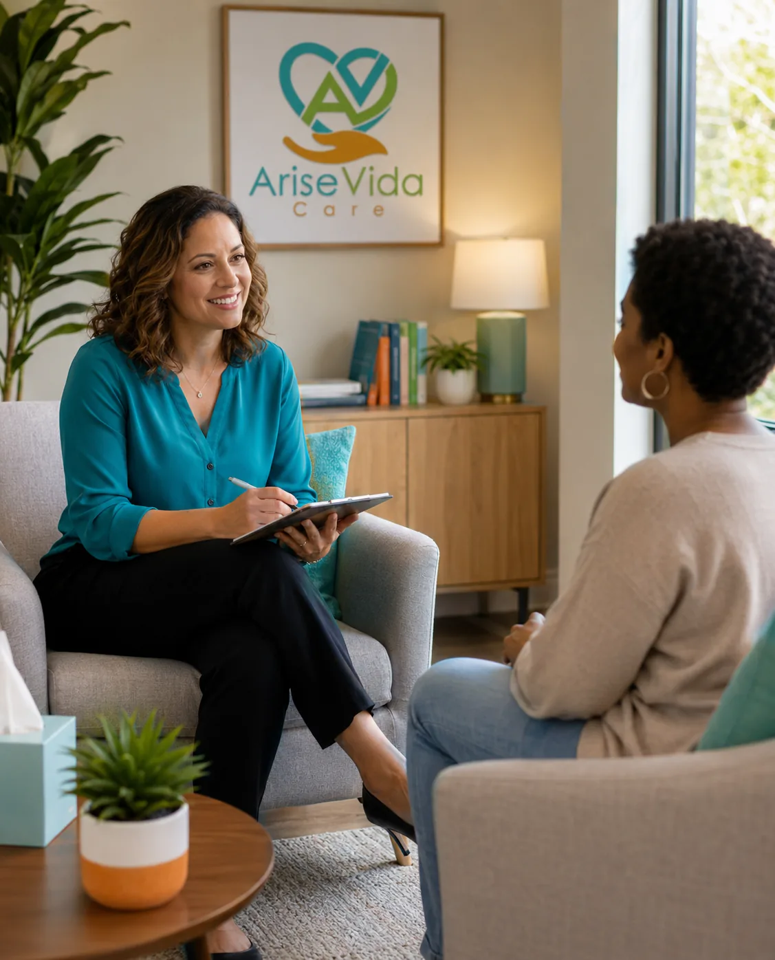 A clinician supporting an adult patient during a psychiatric care visit at AriseVida Care.