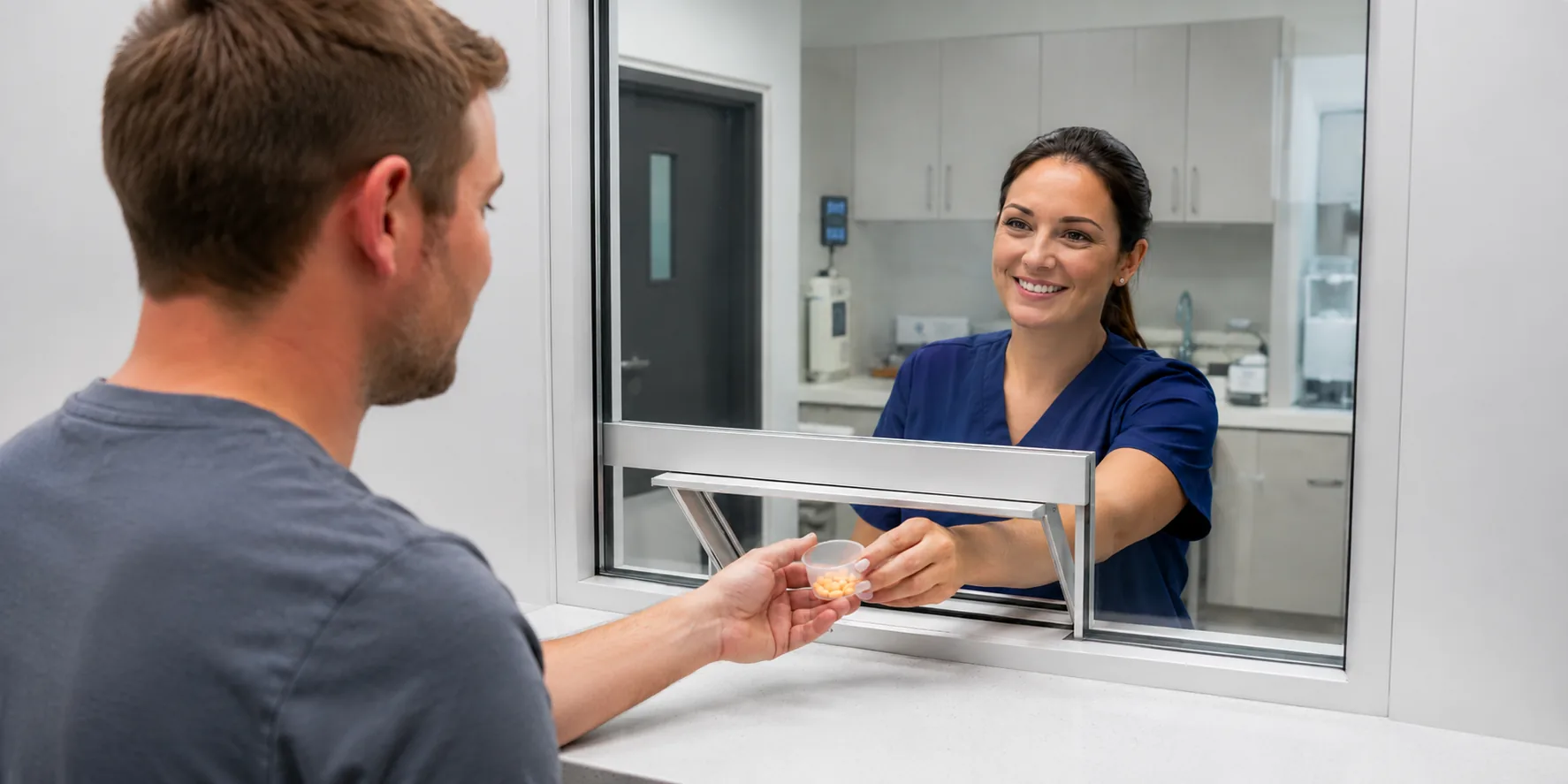 A clinician hands medication to a patient at the AriseVida Care medication-assisted treatment counter.